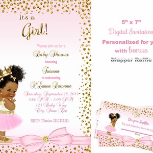 Girl Baby Shower Invitation, Girl Pink, Princess, Gold, African american, any skin tone, princess baby girl pink,  Digital
