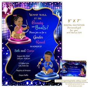 Hip Hop Gender Reveal Invitation: Beauty or Beats, Royal Blue & Gold (Digital Download)