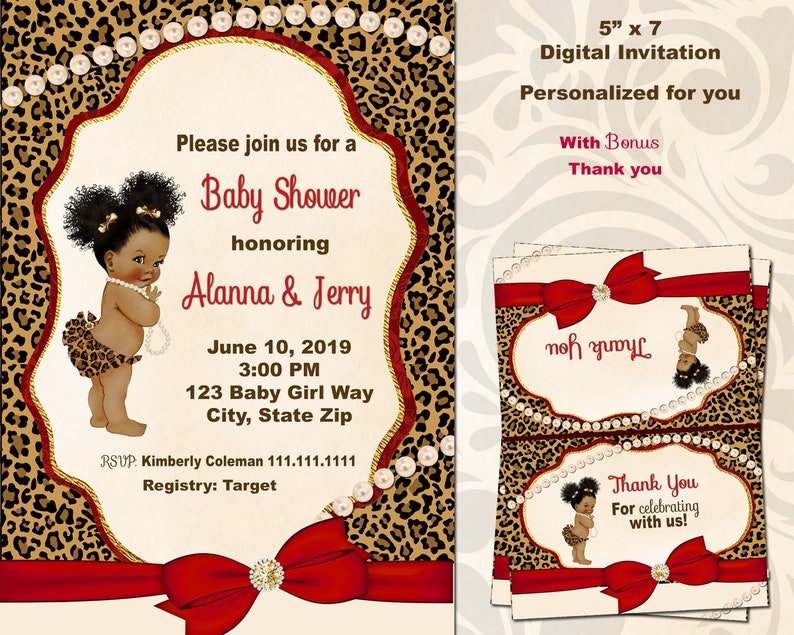 Leopard Print Baby Shower Invitation, African American Baby Girl Shower