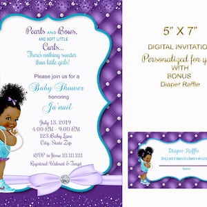 Princess Baby shower invitation,  purple and teal baby shower invitation, tufted african american, baby girl baby shower game