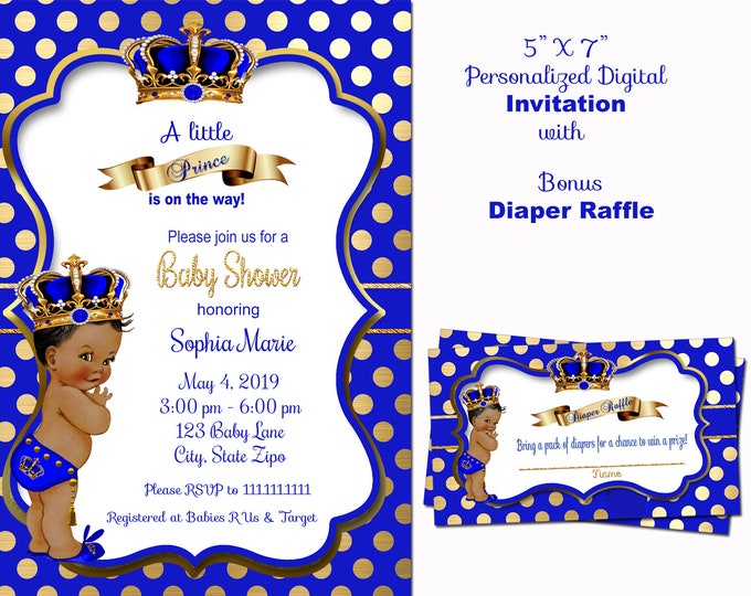 Prince Baby Shower Invitation, African American, Blue, Polka Dot, Royal