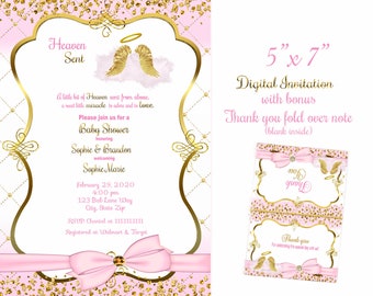 Heaven sent invitation, Angel wings, Little Angel Baby Shower invitation, Royal Baby shower invitation, baby girl,  invitation