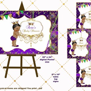 Mardi Gras Baby Shower Poster: African American Prince + Table Signs (Digital Download)