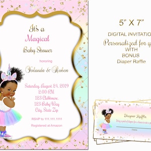 Personalized African American Caucasian Unicorn Baby Shower invitation african american
