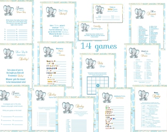 Boy Elephant Baby Shower Games: Blue Safari Party Pack (Printable Digital Download)