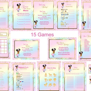 Unicorn baby girl baby shower games, Royal princess baby shower games,  Unicorn Baby Girl African American Shower Games Package, digital