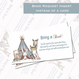 Boho breng een boek, bos breng een boek, Baby Book Request Card Insert, Breng een boek mee in plaats van een kaart, Baby Shower babymeisje