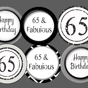 65th Birthday Cupcake Toppers: Silver Black Glitter (PDF Printable)
