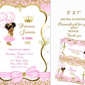 Invito per il primo compleanno della principessa. Invito di compleanno per bambina, festa per il primo compleanno, un anno, afroamericano, qualsiasi età basta annotarlo, digitale
