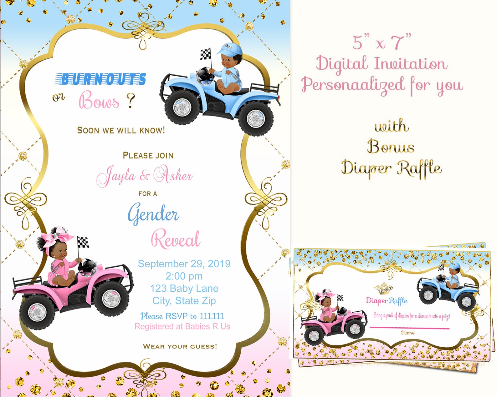 Burnouts or Bows Gender Reveal Invitation Light Blue and Pink Etsy UK