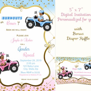 Burnouts or Bows Gender Reveal Invitation! Light Blue and Pink