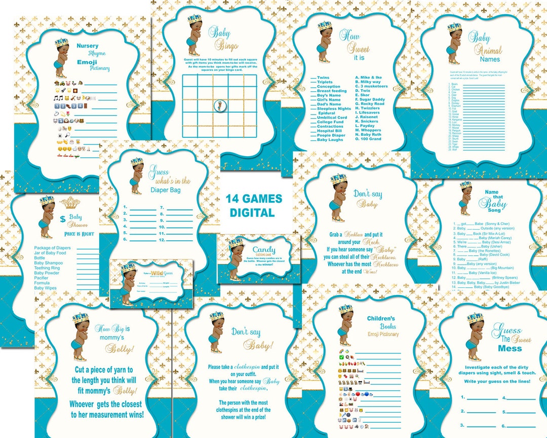 Royal Prince Baby Shower Games, African American, Teal, Vintage Baby