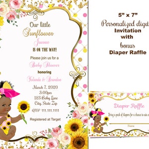 Sunflower Baby Shower Invitation, Sunflower baby girl, African American, vintage baby girl, sunflower birthday invitation