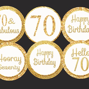 70th birthday cupcake toppers, 70th cupcake toppers, Gold and Gold Glitter  70th favor tag 70th stickers  70th party 70