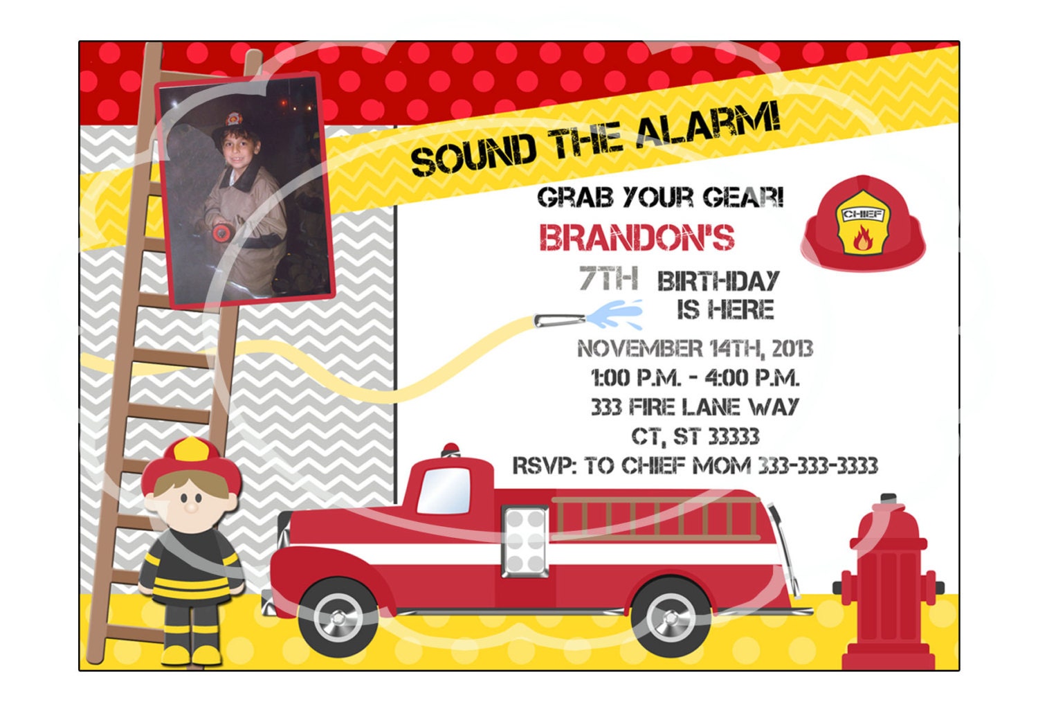 Fireman Birthday Invitation: Firetruck Party, Photo Option (Printable), image size:1500x1014