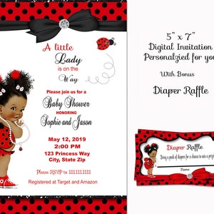 Ladybug Red Ruffle Pants Black Dot Sneakers Wings Antennae Pearl Necklace| Baby Girl african american clipart invitation
