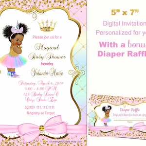 Princess baby shower invitation, Unicorn baby shower invitation, african american