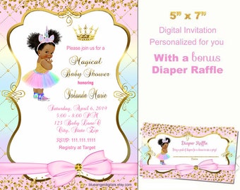 Princess baby shower invitation, Unicorn baby shower invitation, african american