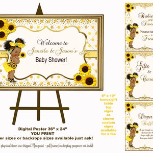 Poster girasole per baby shower, sfondo, principessa, afroamericano, cartello di benvenuto, cartelli da tavolo per baby shower, invito, digitale 36x24