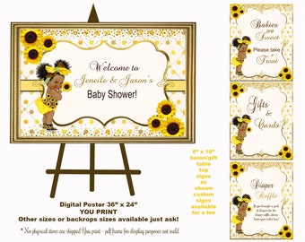 Sunflower baby shower poster,  backdrop, Princess, African American, welcome sign, baby shower table signs, invitation, digital 36x24