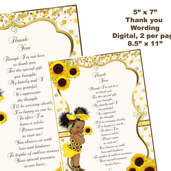 Sunflower thank you,  baby girl, Sunflower baby shower, Sunflower baby shower, thank you note, digital African American
