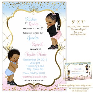 Gender Reveal Invitation Staches or Lashes Theme, Baby Shower, African American Babies