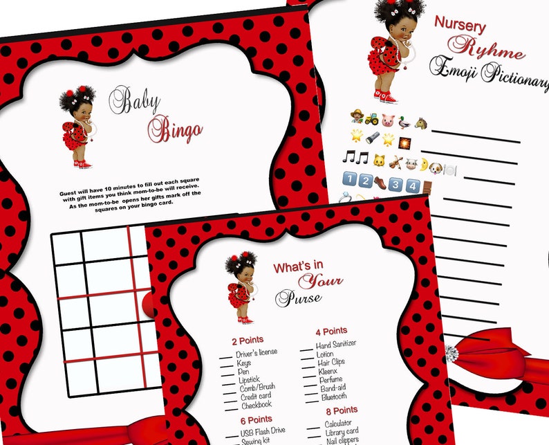 Lady bug red black girl baby shower games African American Etsy