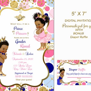 Prins Prinses Babyjongen & Ballerinameisje | Donkerblauw roze gouden kroon sneakers | Afro-Amerikaans | Geslacht onthullen | Clipart-uitnodiging