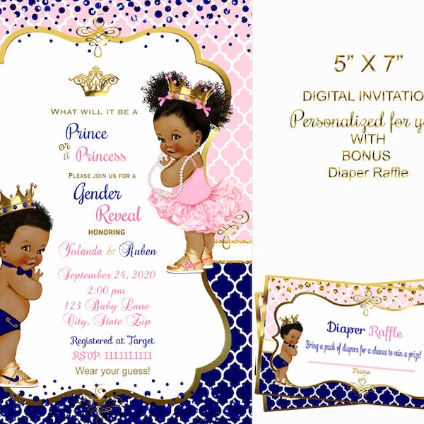 Prince or Princess Gender Reveal Invitation, Digital File african american bow tie