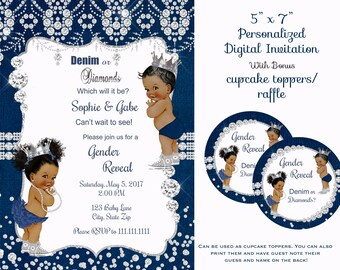 Denim and Diamonds Gender Reveal invitation, blue denim,  Prince or Princess, Gender Reveal Party Invitation, Digital File, african american