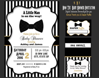 Little man baby shower, Bow Tie Baby Shower, Invitation, Boy Bowtie Baby Shower Sprinkle, Black White Stripe, thank you note, digital