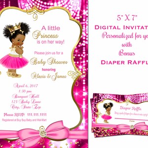 Pink Fuchsia Baby Shower invitation, tiara, tutus,  baby girl invitation, Royal Baby shower invitation, tutu baby shower, African American