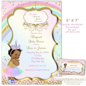 African American Princess Unicorn Baby Shower Invitation: Rainbow Pearls (Digital Download)