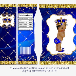 Royal Prince Baby Shower Chip Bag: Blue & Gold Design (Digital Download, PDF File)