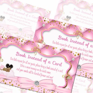 Slapende baby meisje boek invoegen, babyboek verzoek kaart invoegen, breng een boek in plaats van een kaart, baby shower Afro-Amerikaans, hemel