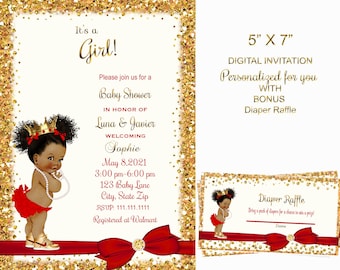 Red Princess baby shower invitation, Red and Gold invitation , African American,  red and gold, royal baby shower, invitation. digital