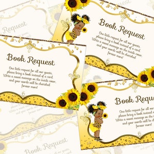 Zonnebloem babyshower, babyboek verzoek kaart invoegen, breng een boek mee in plaats van een kaart, rode prins, babyshower Afro-Amerikaanse baby