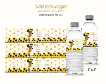 Sunflower Baby Shower Water Bottle Wrappers: African American Baby Girl (Digital Download)