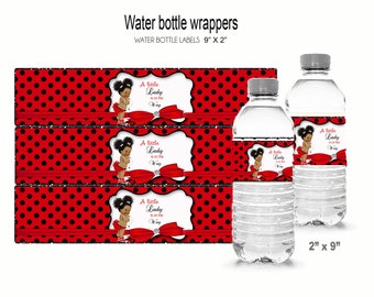 African American Ladybug Baby Shower Water Bottle Wrappers (Digital Download)