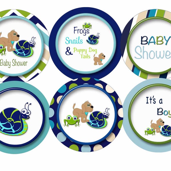 frogs snails and puppy dog tails, baby shower cupcake toppers lil man sprinkle shower its a boy printable digital