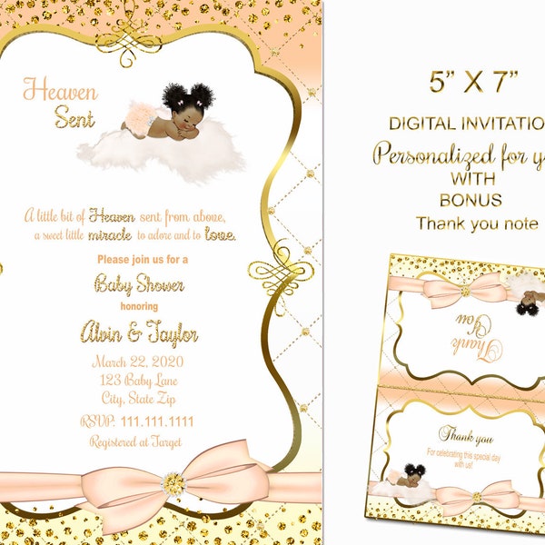 Heaven sent invitation , Little Angel Baby Shower invitation Royal Baby shower invitation tickled pink thank you sprinkle African American
