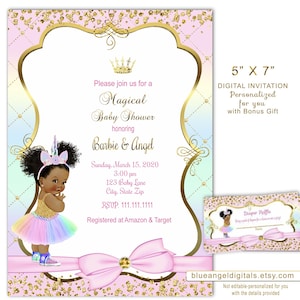Personalized Princess Unicorn Baby Shower Invitation (Digital Download, 5x7 inch + Thank You Note Bonus)