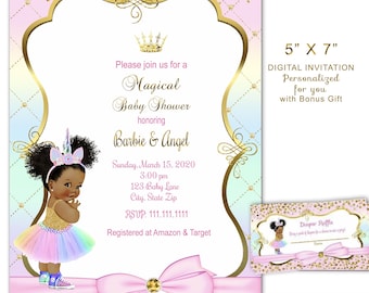 Personalized Princess Unicorn Baby Shower Invitation (Digital Download, 5x7 inch + Thank You Note Bonus)