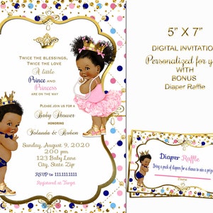Twin baby shower invitation,  Prince and Princess baby shower invitation, twins,  boy and girl, African American, digital
