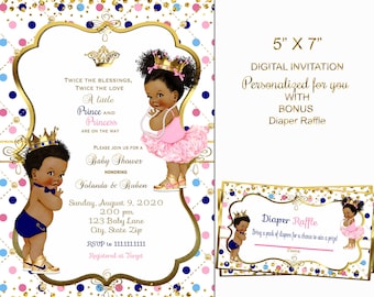 Twin baby shower invitation,  Prince and Princess baby shower invitation, twins,  boy and girl, African American, digital