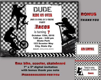 BMX party invite, Scooter Party, skateboard party, scooter birthday, bmx, skate board birthday, razor party,Digital File