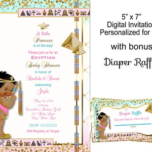 May include: A digital invitation for a baby shower with an Egyptian theme. The invitation features a cartoon illustration of a baby girl dressed as an Egyptian princess. The text on the invitation reads "A little Princess is on the way! Please join us for an EGYPTIAN Baby Shower in honor of Rashida & Steven welcoming Jayla. May 16, 2020 3:00 pm Carrabba's Italian Grill 123 Baby Lane City, State Zip RSVP 1111111111 Gift Registry at Target". The invitation also includes a bonus diaper raffle card.