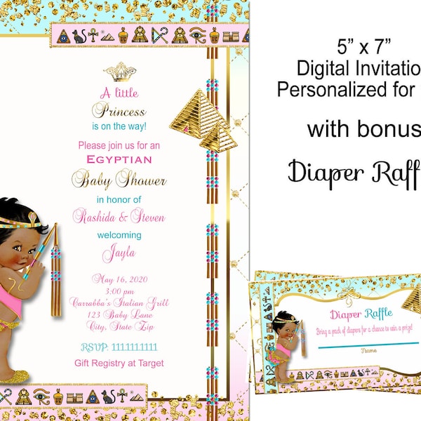 Egyptian Baby Shower invitation, Egyptian invitation, Cleopatra Queen of the Nile Egyptian Pink Turquoise Gold Headdress Flail | Baby Girl