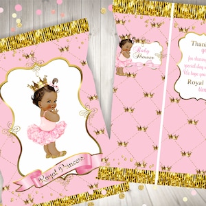 Princess Baby Shower Chip Bag: Pink & Gold, Vintage Design (Digital Download, PDF File)