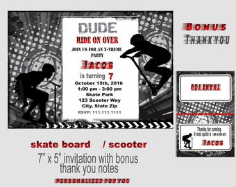 Scooter Party,  skateboard party, scooter birthday, skate board birthday, razor party, Personalized birthday invitation,Digital File